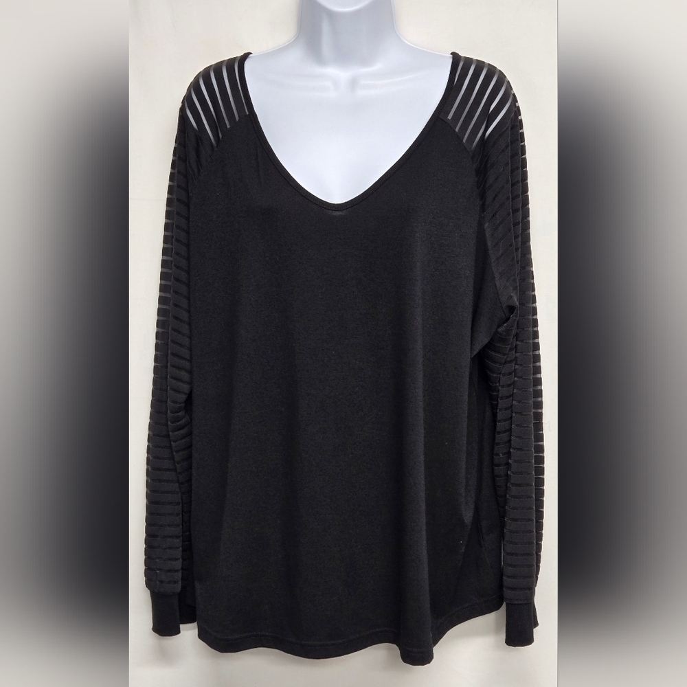 Unbranded Pullover Black Top U Neck Sheer Striped Sleeves 2XL